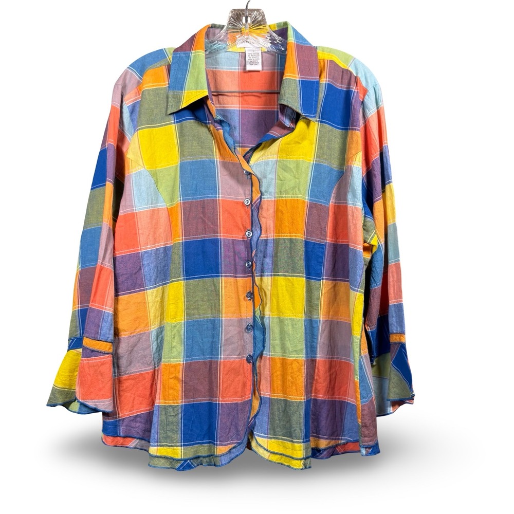 Drapers Damons Womens Size Large Colorful Plaid Button Down 3/4 Sleeve Blouse